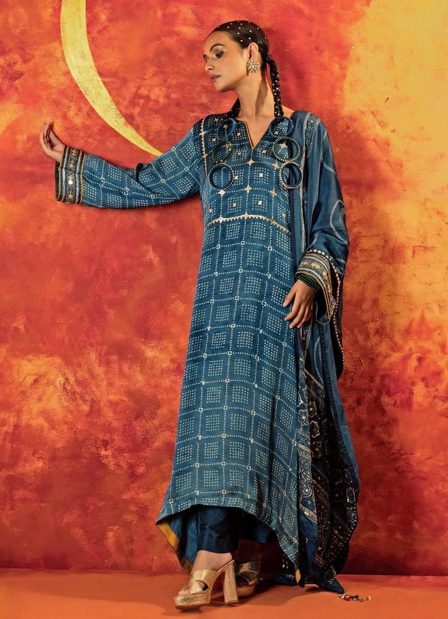 Blue Embroidered And Hand - Blocked Satin Kurta Pant Set Prahnaaya - Fabilicious Fashion