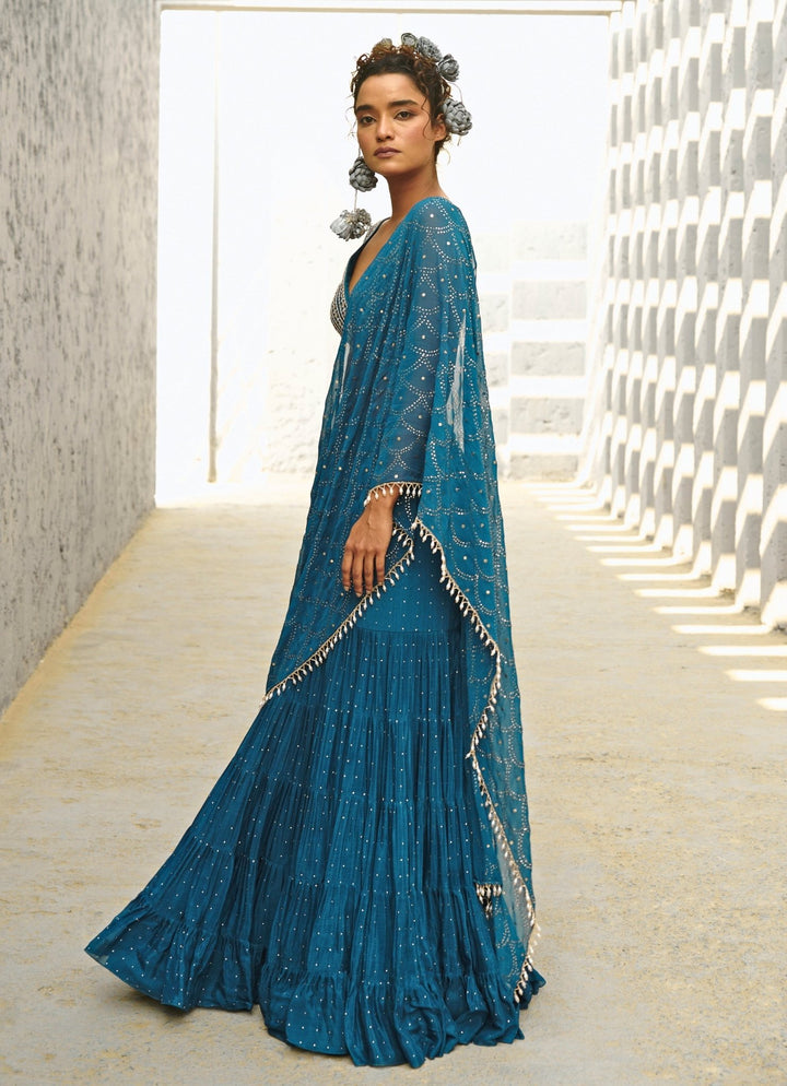 Blue Embroidered And Pre Stitched Georgette Frill Saree Chamee and Palak - Fabilicious Fashion