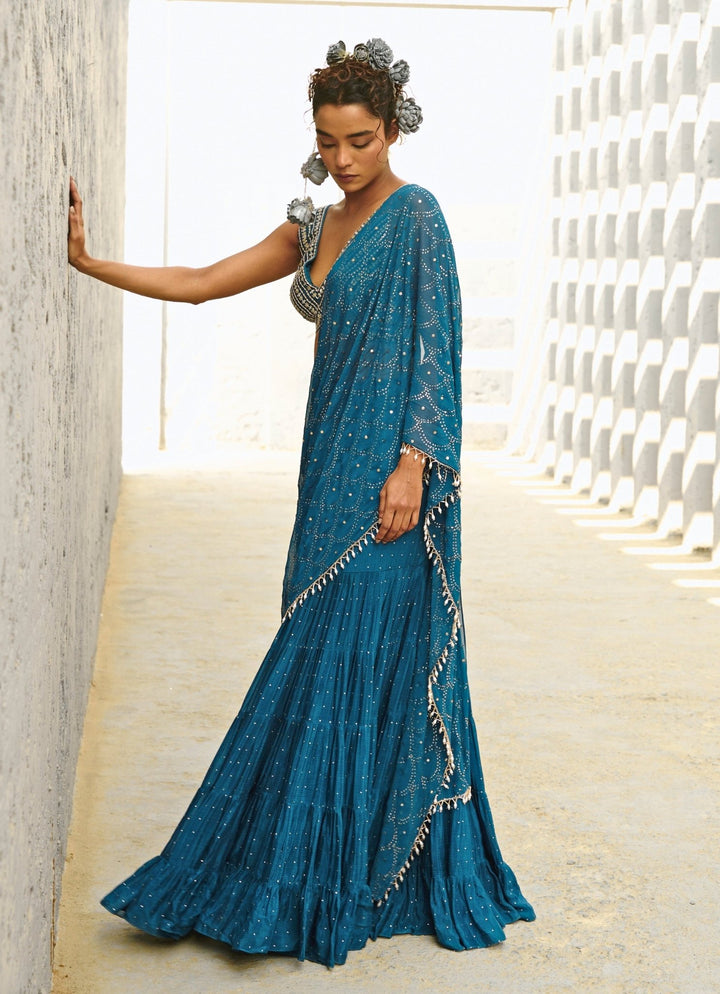 Blue Embroidered And Pre Stitched Georgette Frill Saree Chamee and Palak - Fabilicious Fashion