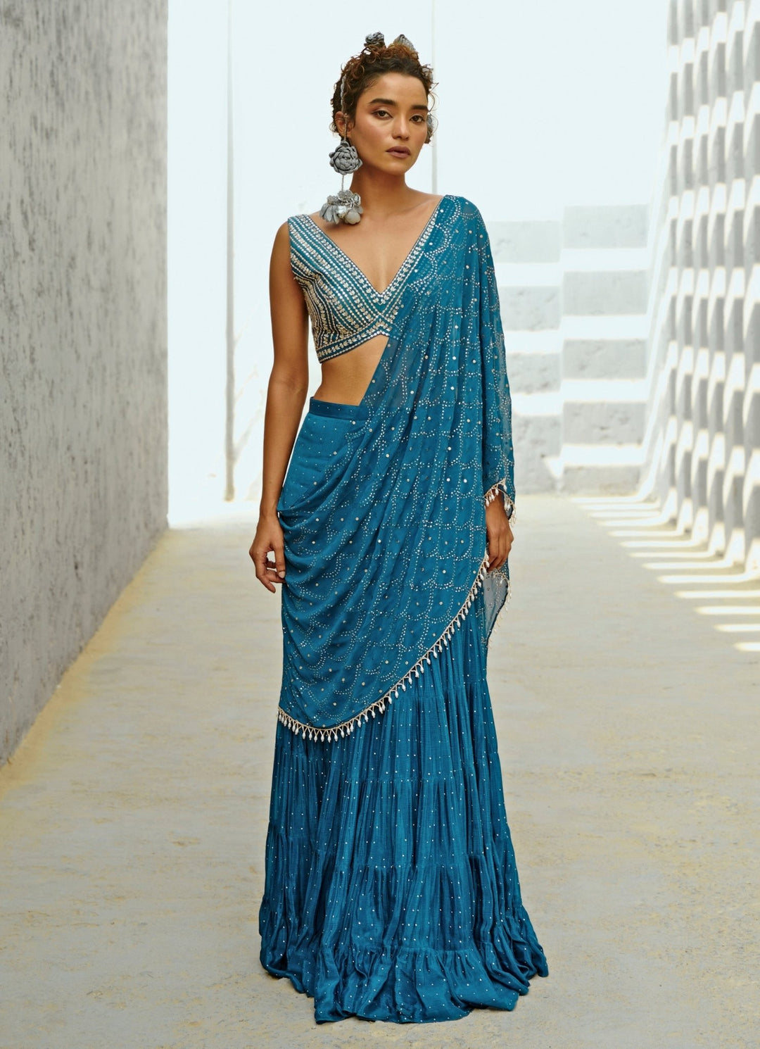 Blue Embroidered And Pre Stitched Georgette Frill Saree Chamee and Palak - Fabilicious Fashion