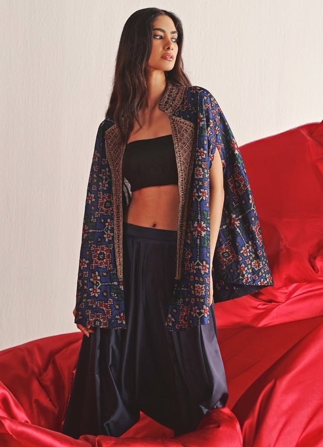 Blue Embroidered Cape Set With Dhoti Twenty Nine - Fabilicious Fashion