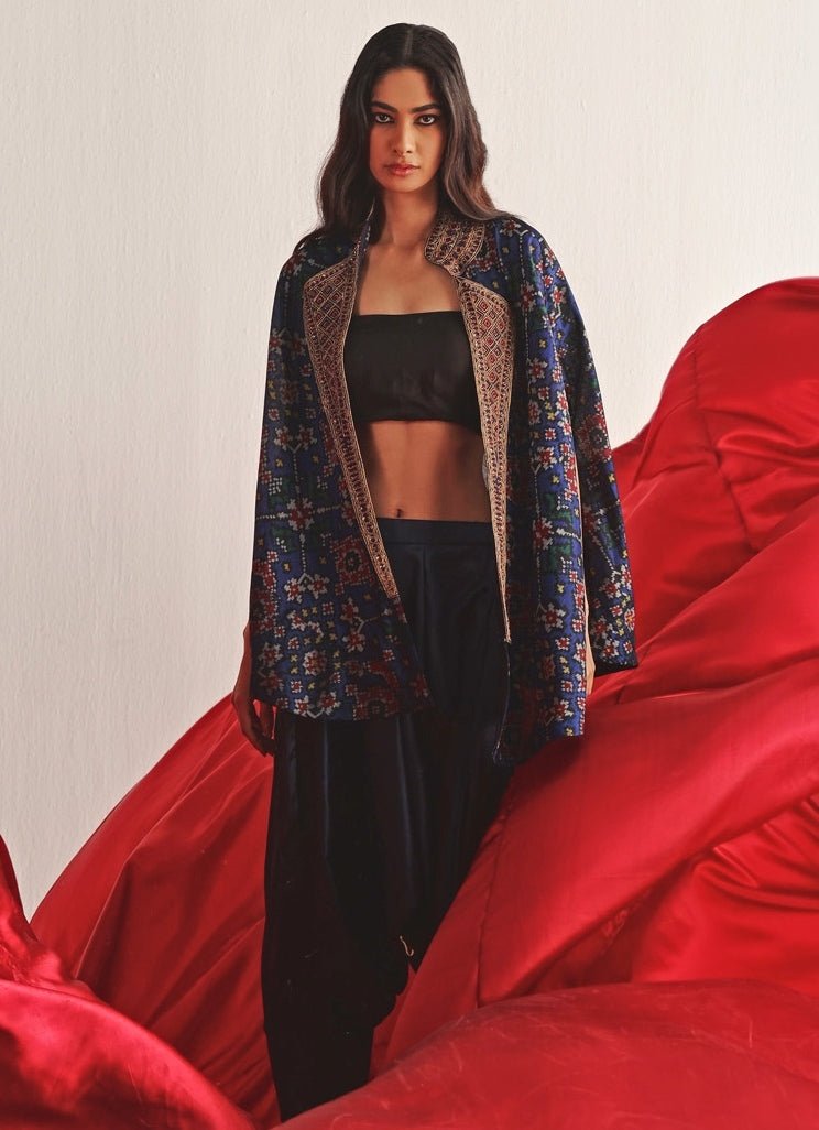 Blue Embroidered Cape Set With Dhoti