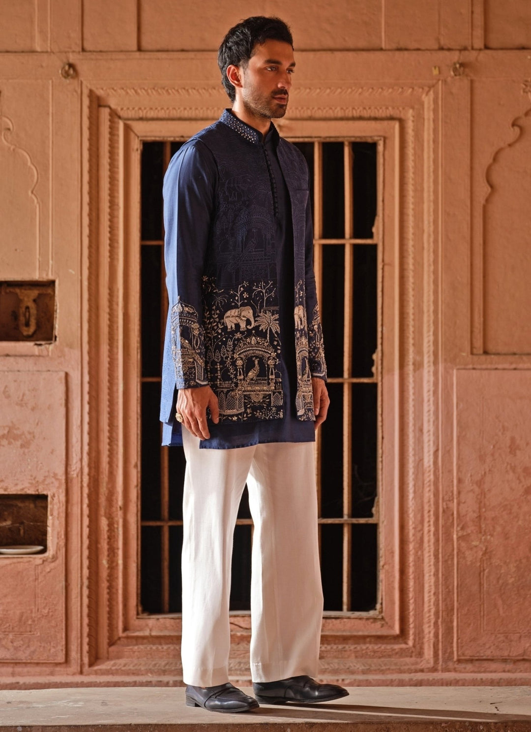 Darzi House Blue Embroidered Chanderi Silk Jacket SetFabilicious Fashion