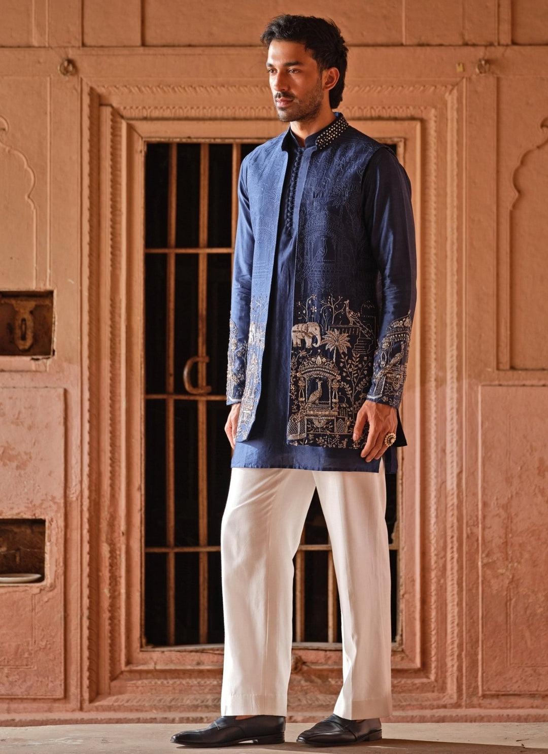 Darzi House Blue Embroidered Chanderi Silk Jacket SetFabilicious Fashion
