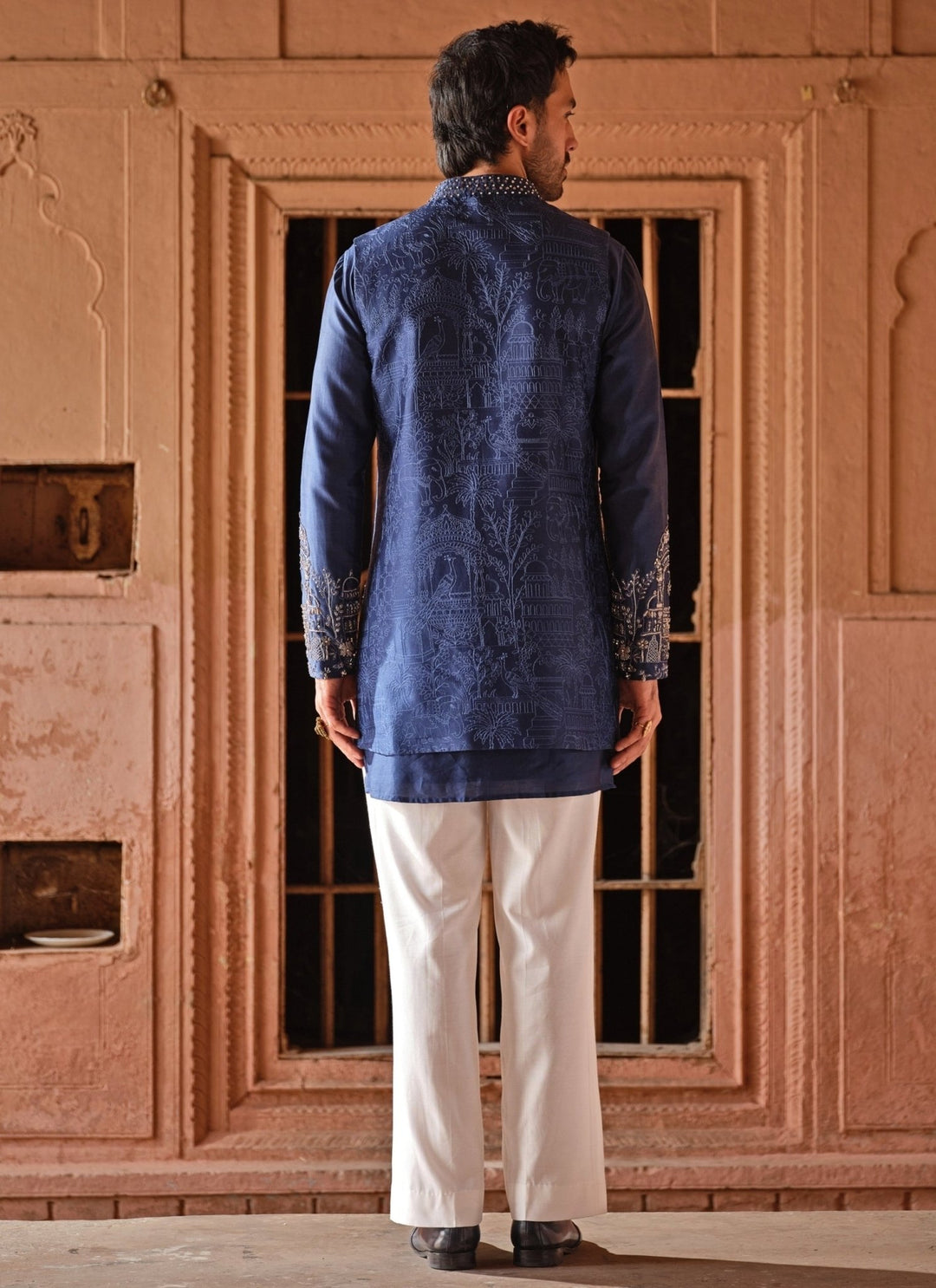 Darzi House Blue Embroidered Chanderi Silk Jacket SetFabilicious Fashion