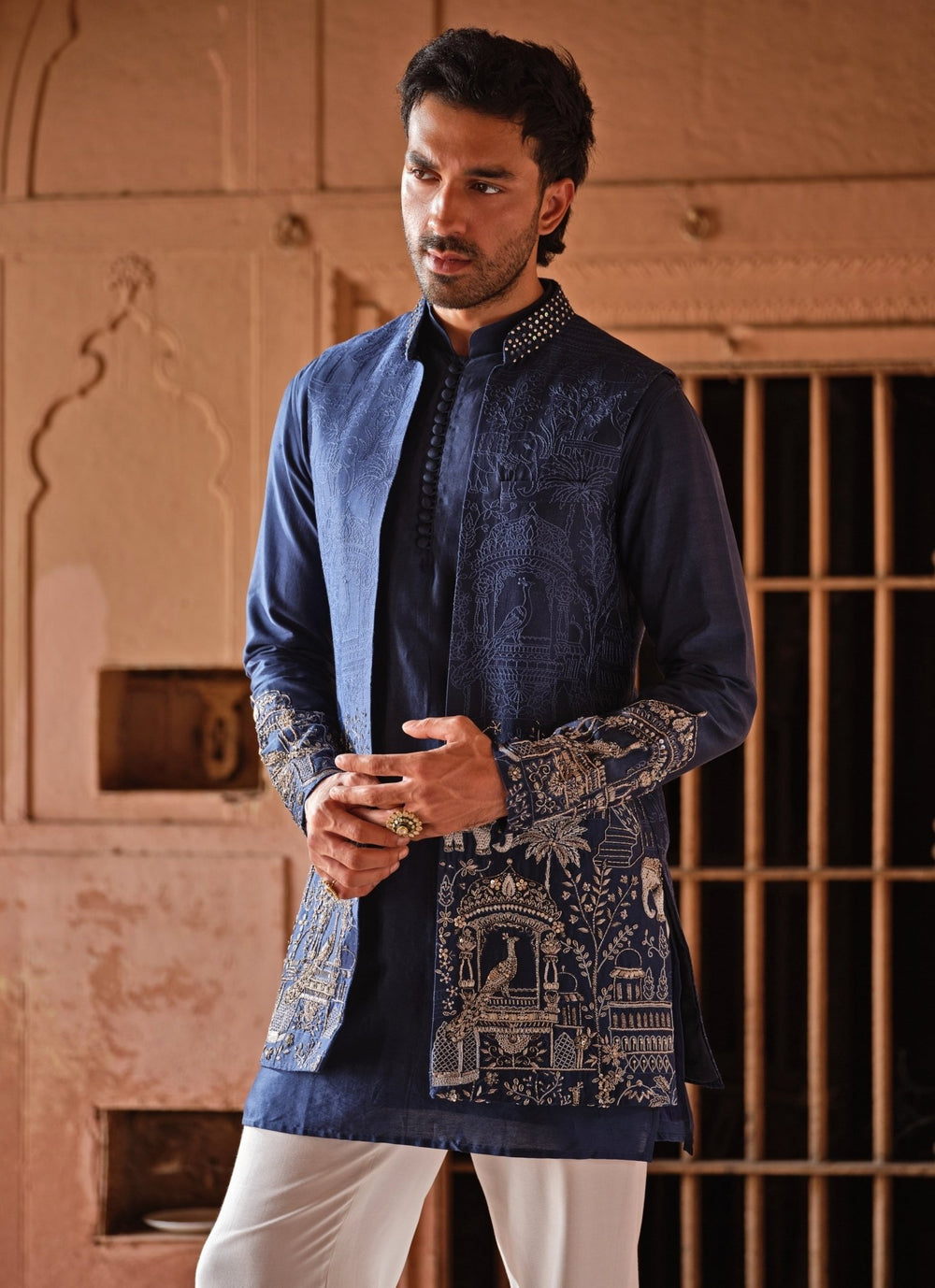 Darzi House Blue Embroidered Chanderi Silk Jacket SetFabilicious Fashion