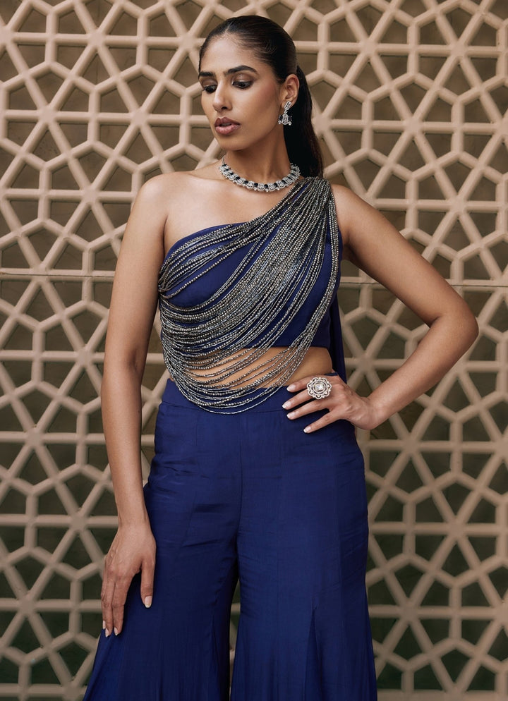 Nidhika Shekhar Blue Embroidered Crepe Blouse Sharara SetFabilicious Fashion
