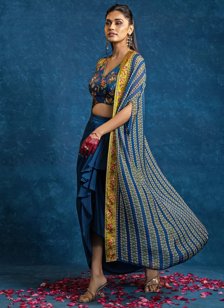 Blue Embroidered Crepe Drape Skirt Set With Cape Soup by Sougat Paul - Fabilicious Fashion