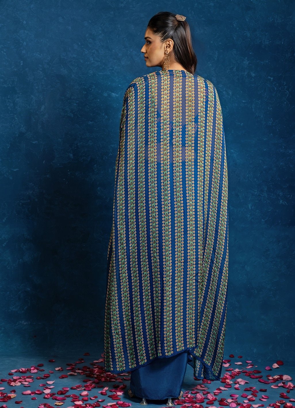 Blue Embroidered Crepe Drape Skirt Set With Cape Soup by Sougat Paul - Fabilicious Fashion