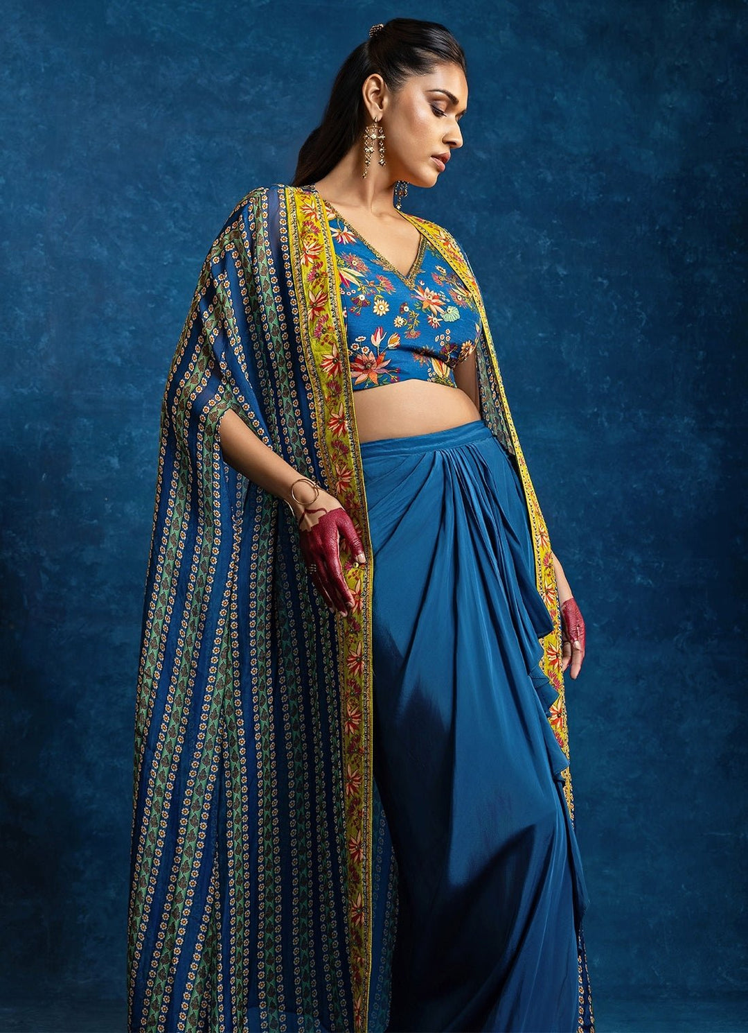 Blue Embroidered Crepe Drape Skirt Set With Cape Soup by Sougat Paul - Fabilicious Fashion