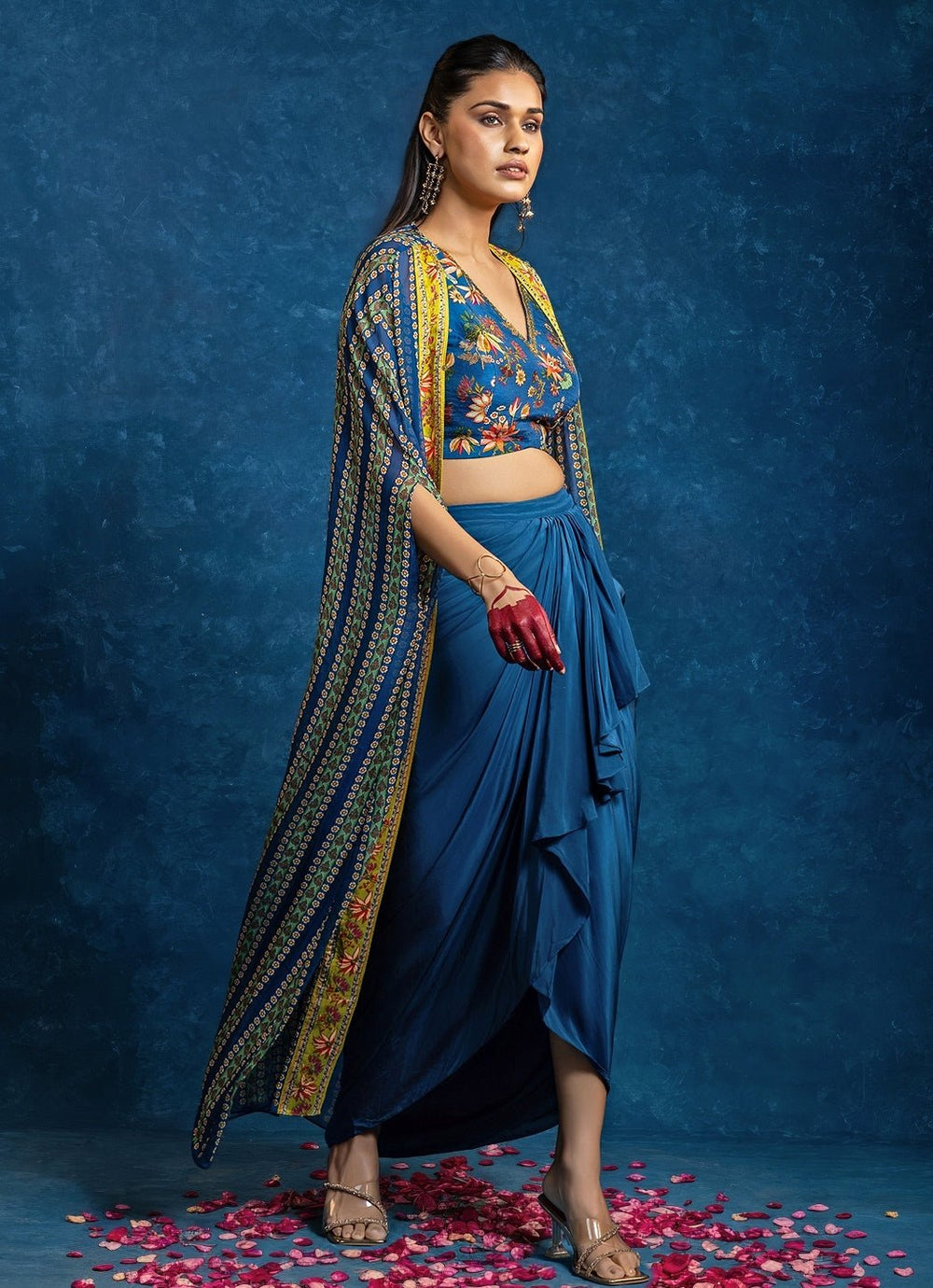 Blue Embroidered Crepe Drape Skirt Set With Cape Soup by Sougat Paul - Fabilicious Fashion