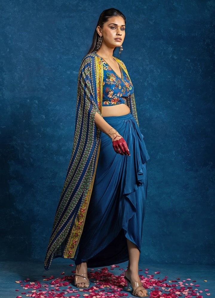 Blue Embroidered Crepe Drape Skirt Set With Cape Soup by Sougat Paul - Fabilicious Fashion