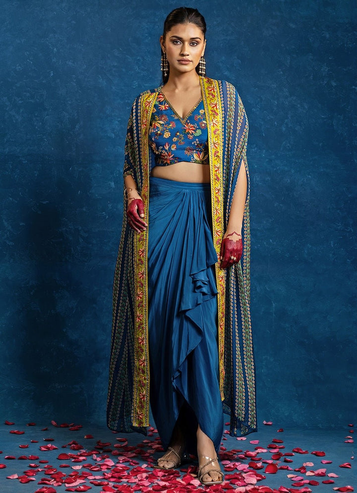 Blue Embroidered Crepe Drape Skirt Set With Cape Soup by Sougat Paul - Fabilicious Fashion