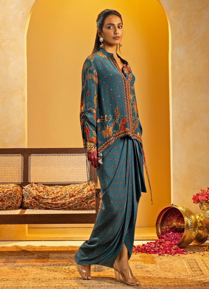 Blue Embroidered Crepe Drape Skirt Set Soup by Sougat Paul - Fabilicious Fashion
