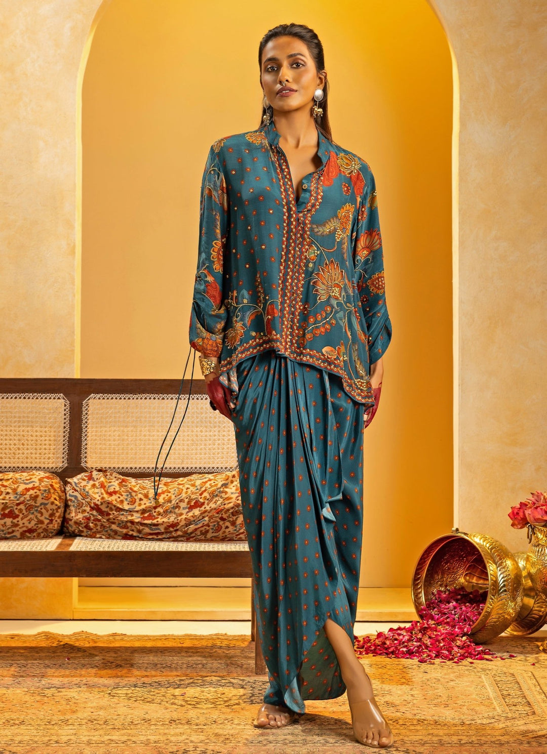 Blue Embroidered Crepe Drape Skirt Set Soup by Sougat Paul - Fabilicious Fashion