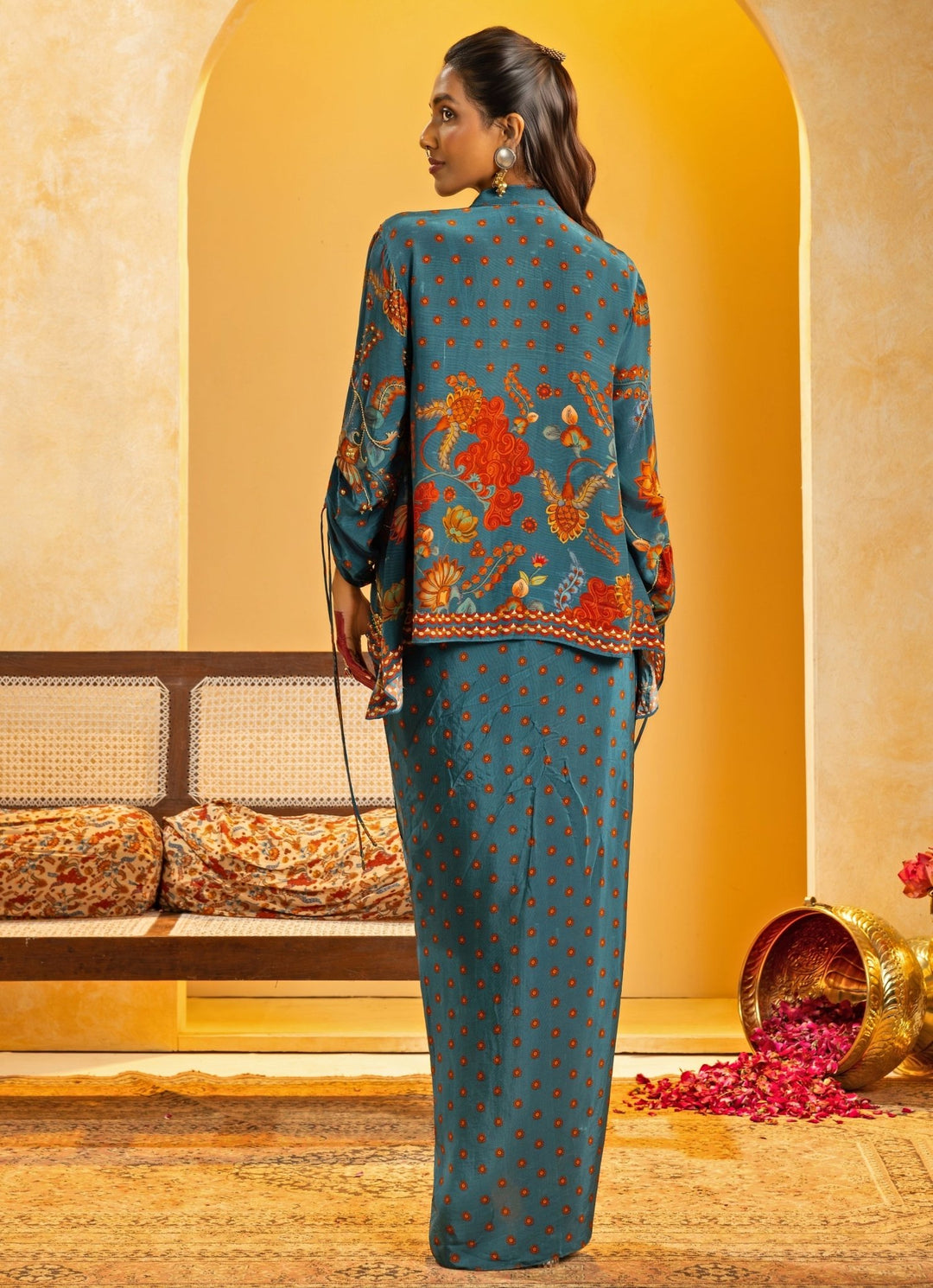 Blue Embroidered Crepe Drape Skirt Set Soup by Sougat Paul - Fabilicious Fashion