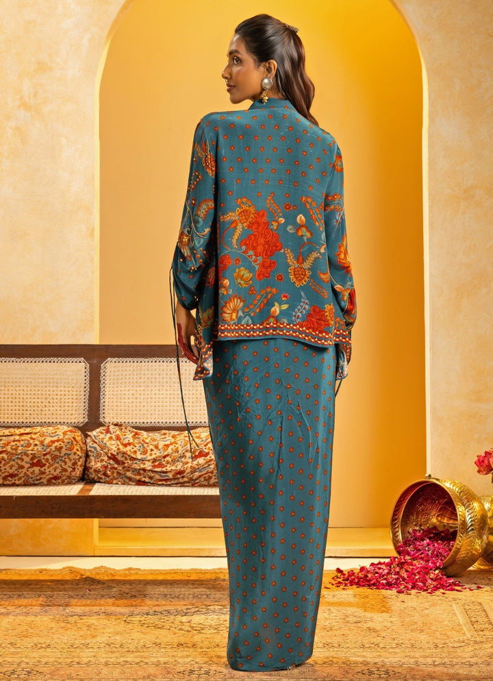 Blue Embroidered Crepe Drape Skirt Set Soup by Sougat Paul - Fabilicious Fashion