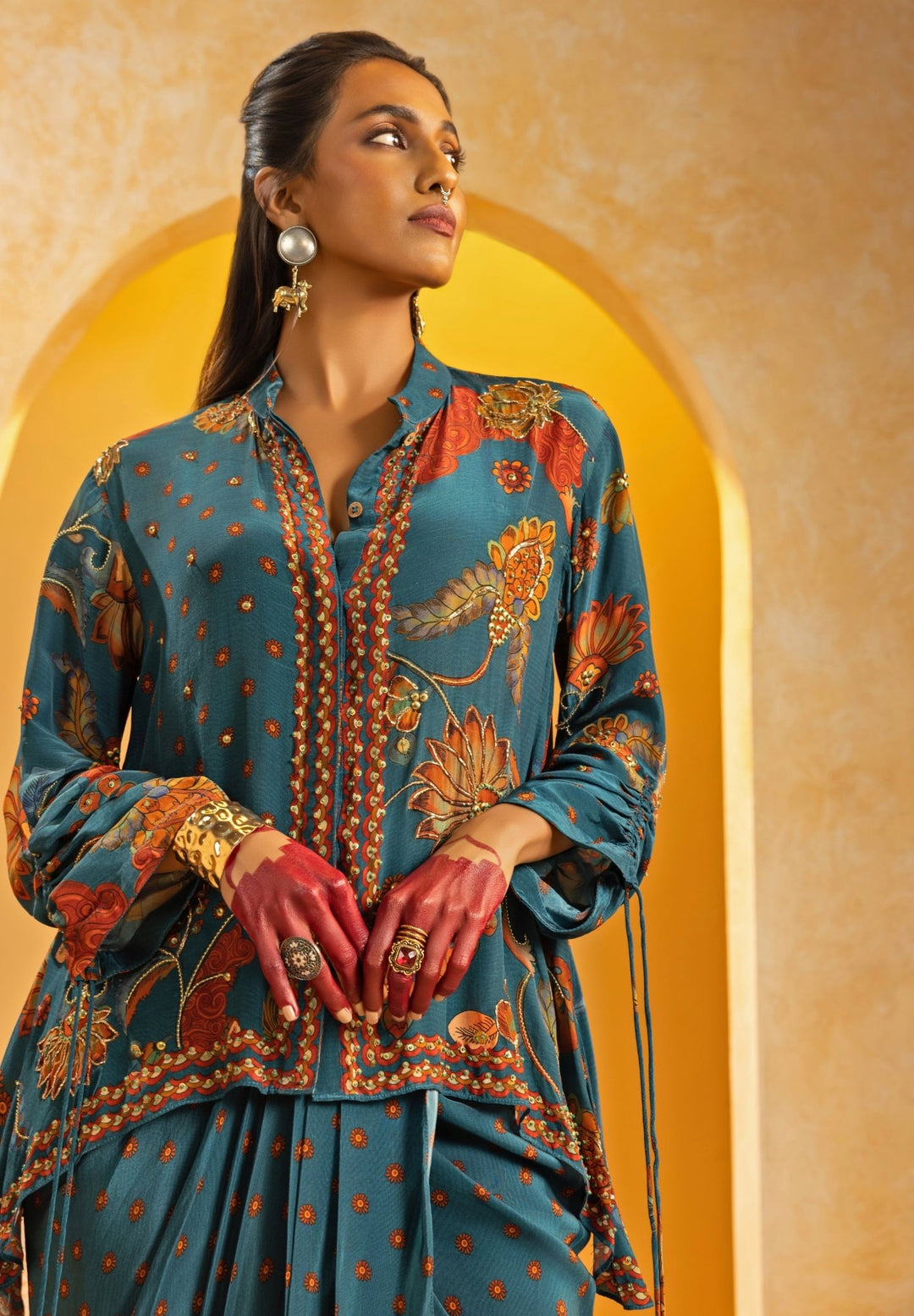 Blue Embroidered Crepe Drape Skirt Set Soup by Sougat Paul - Fabilicious Fashion