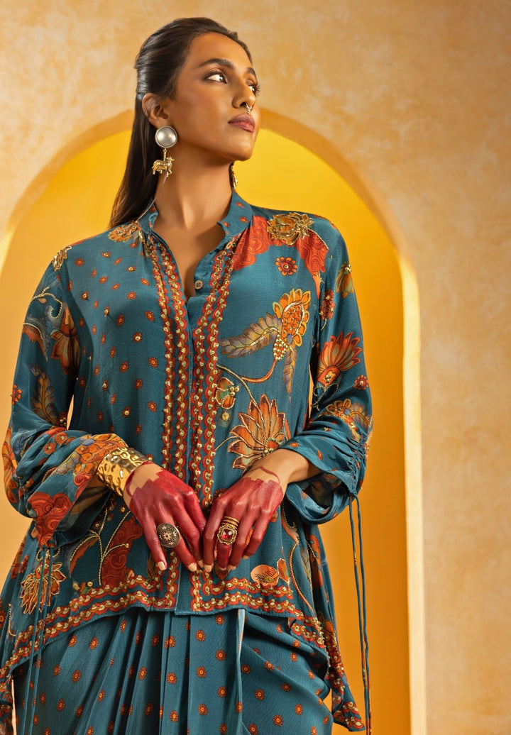 Blue Embroidered Crepe Drape Skirt Set Soup by Sougat Paul - Fabilicious Fashion