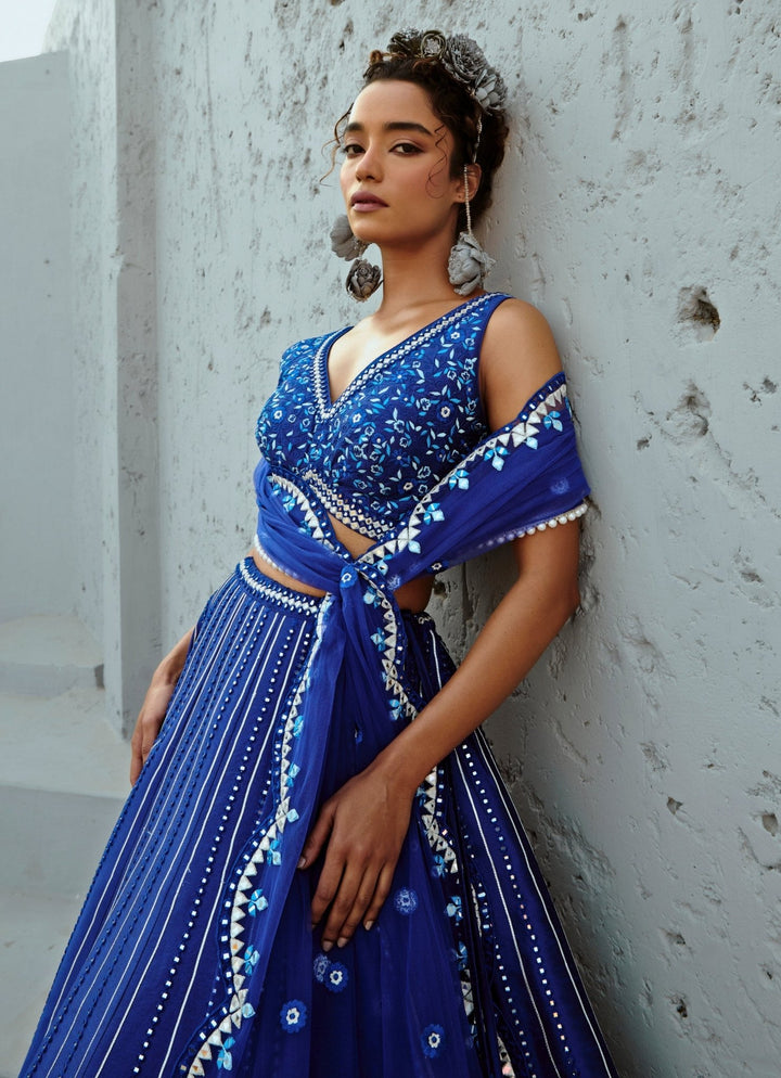 Blue Embroidered Dupion Silk Lehenga Chamee and Palak - Fabilicious Fashion