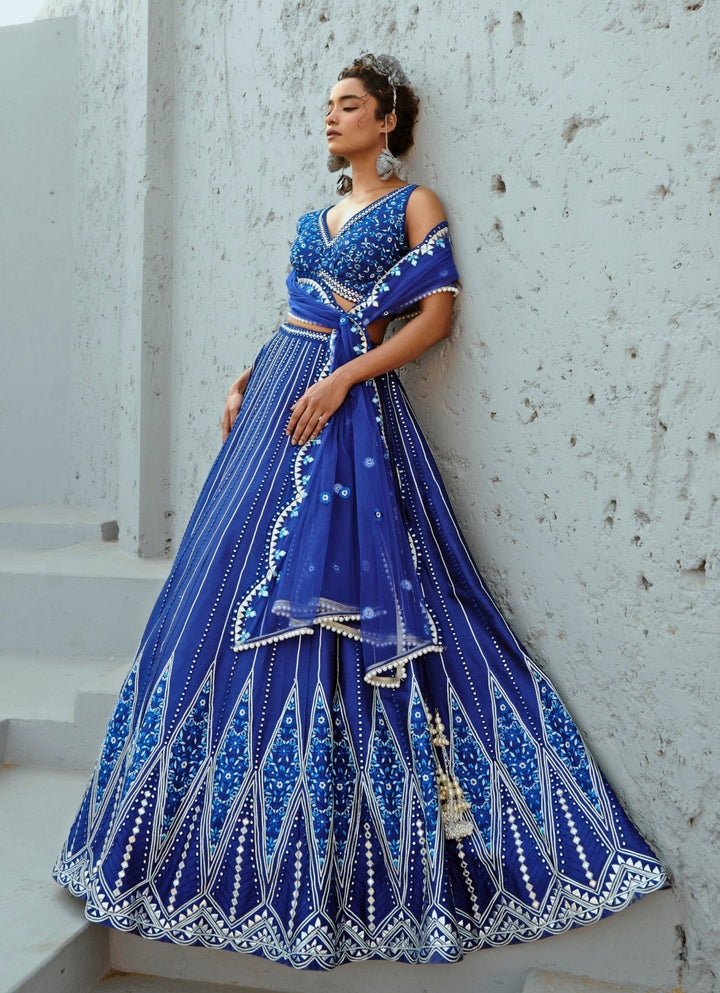 Blue Embroidered Dupion Silk Lehenga Chamee and Palak - Fabilicious Fashion