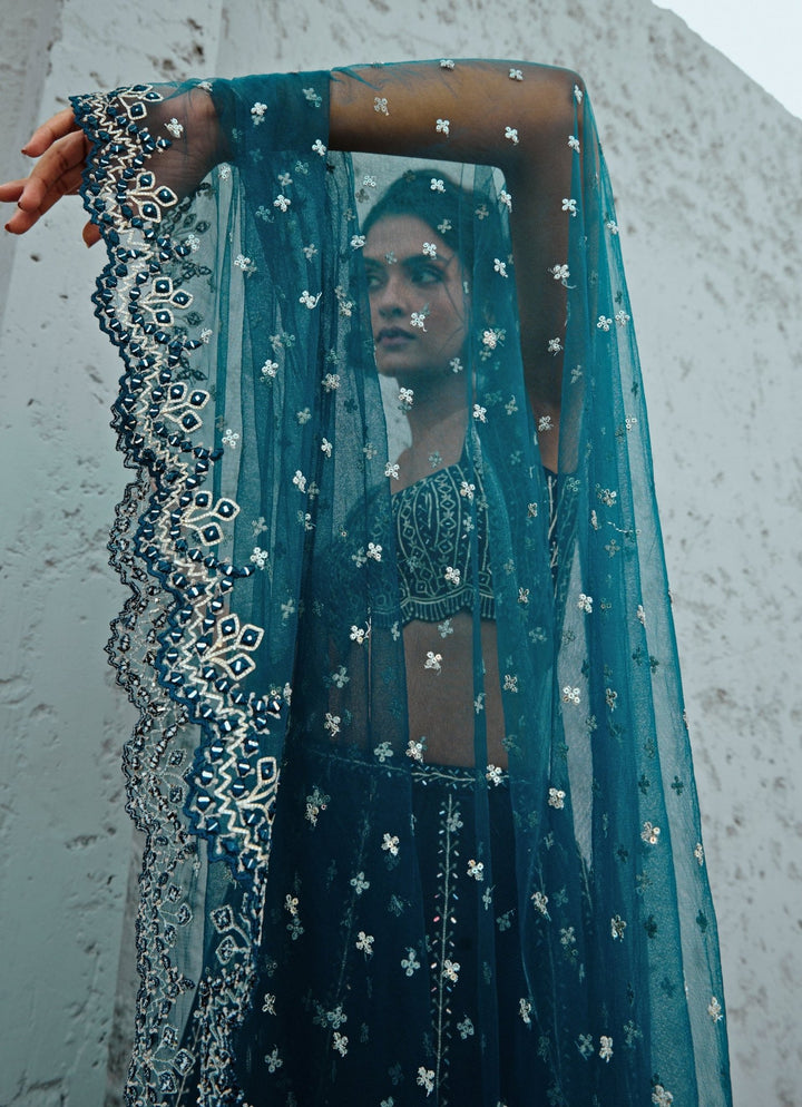 Blue Embroidered Dupion Silk Lehenga Chamee and Palak - Fabilicious Fashion