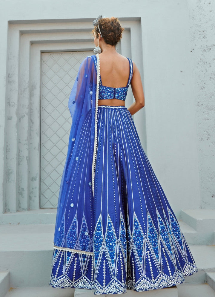 Blue Embroidered Dupion Silk Lehenga Chamee and Palak - Fabilicious Fashion