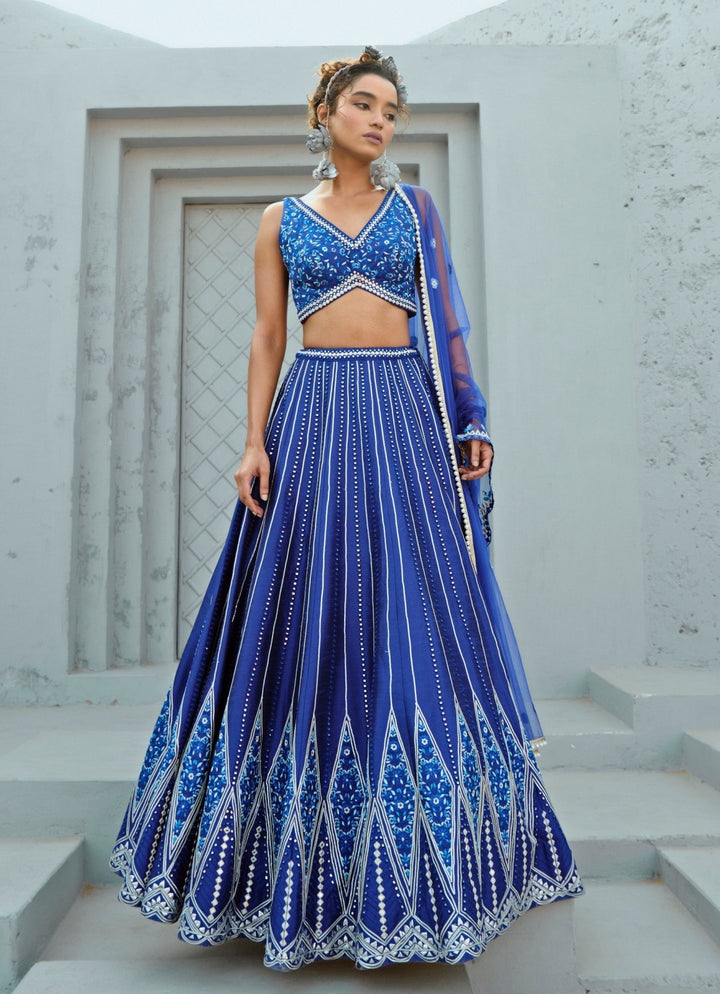 Blue Embroidered Dupion Silk Lehenga Chamee and Palak - Fabilicious Fashion