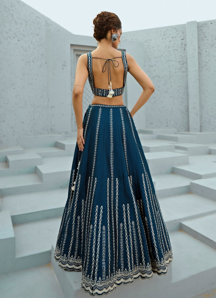 Blue Embroidered Dupion Silk Lehenga Chamee and Palak - Fabilicious Fashion