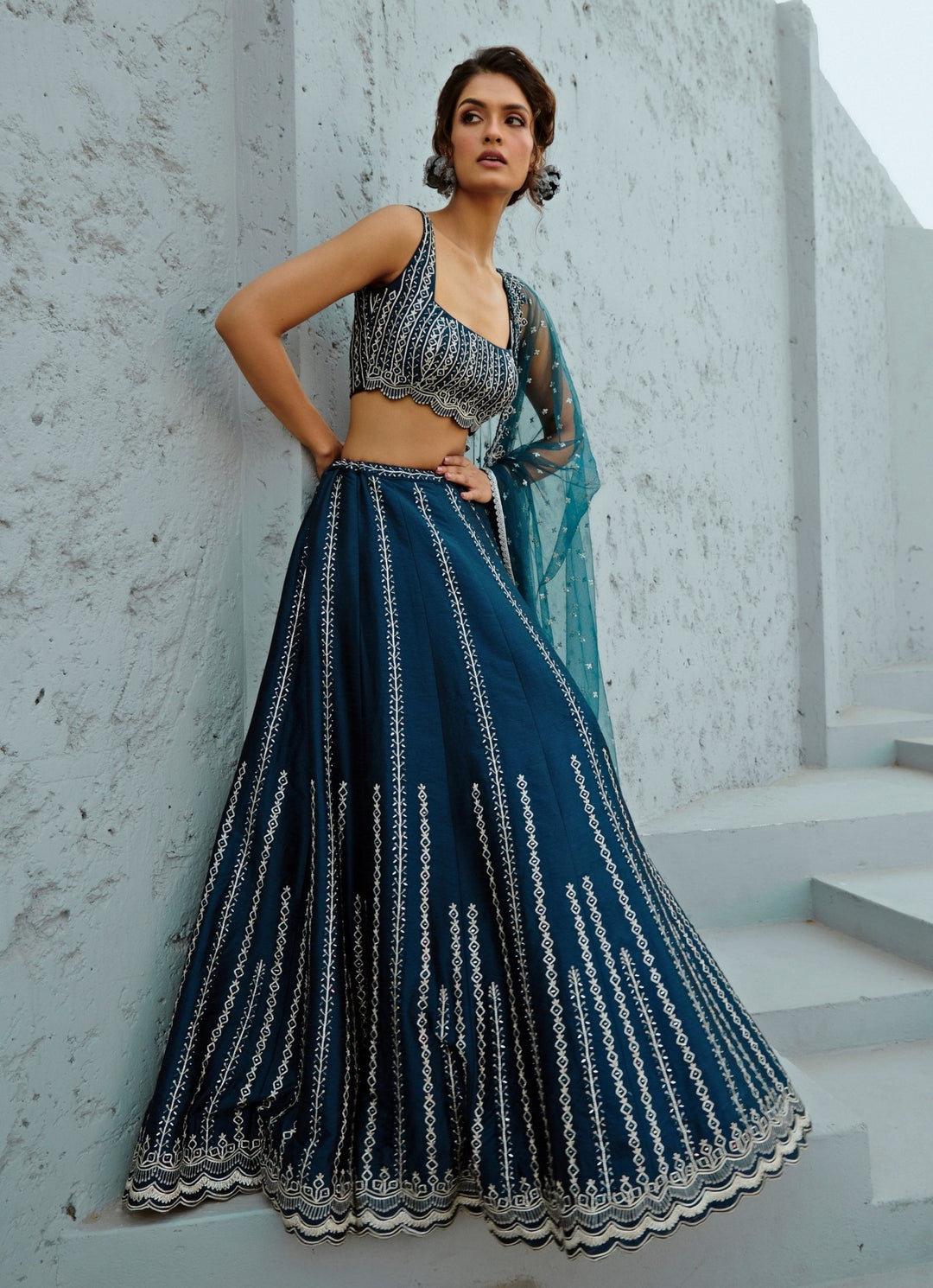 Blue Embroidered Dupion Silk Lehenga Chamee and Palak - Fabilicious Fashion
