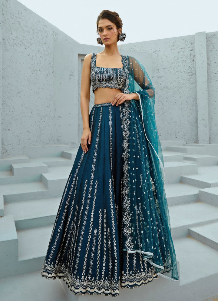 Blue Embroidered Dupion Silk Lehenga Chamee and Palak - Fabilicious Fashion