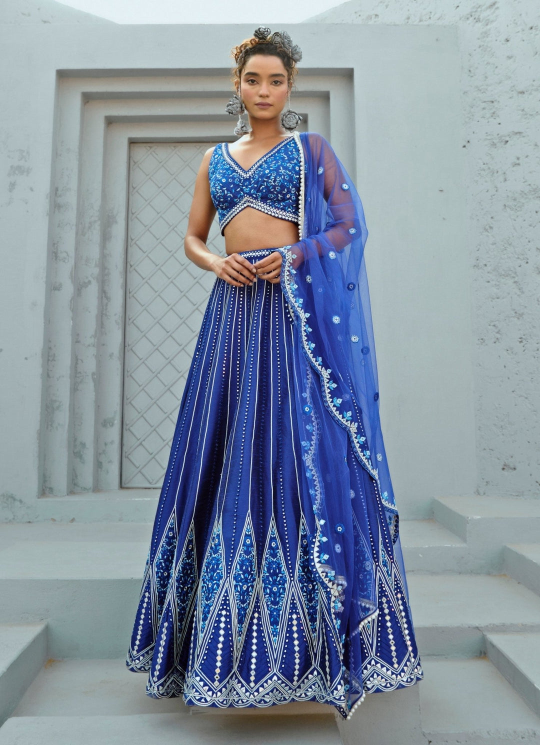 Blue Embroidered Dupion Silk Lehenga Chamee and Palak - Fabilicious Fashion