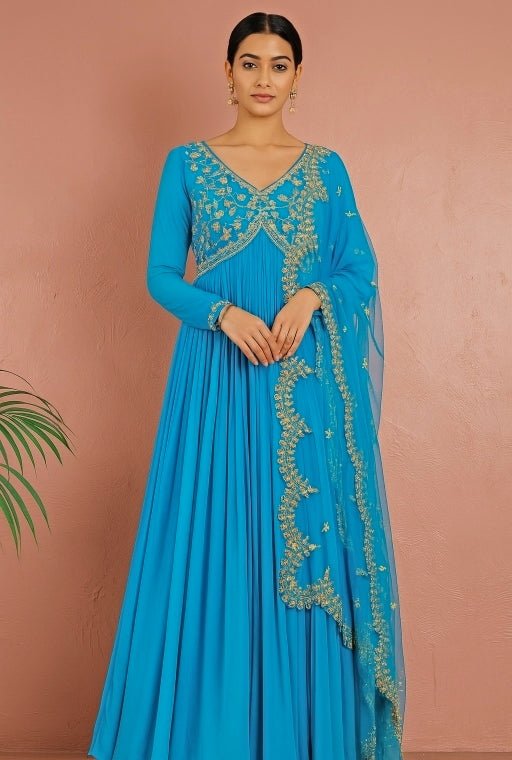 Blue Embroidered Georgette Anarkali Set Anisha Shetty - Fabilicious Fashion