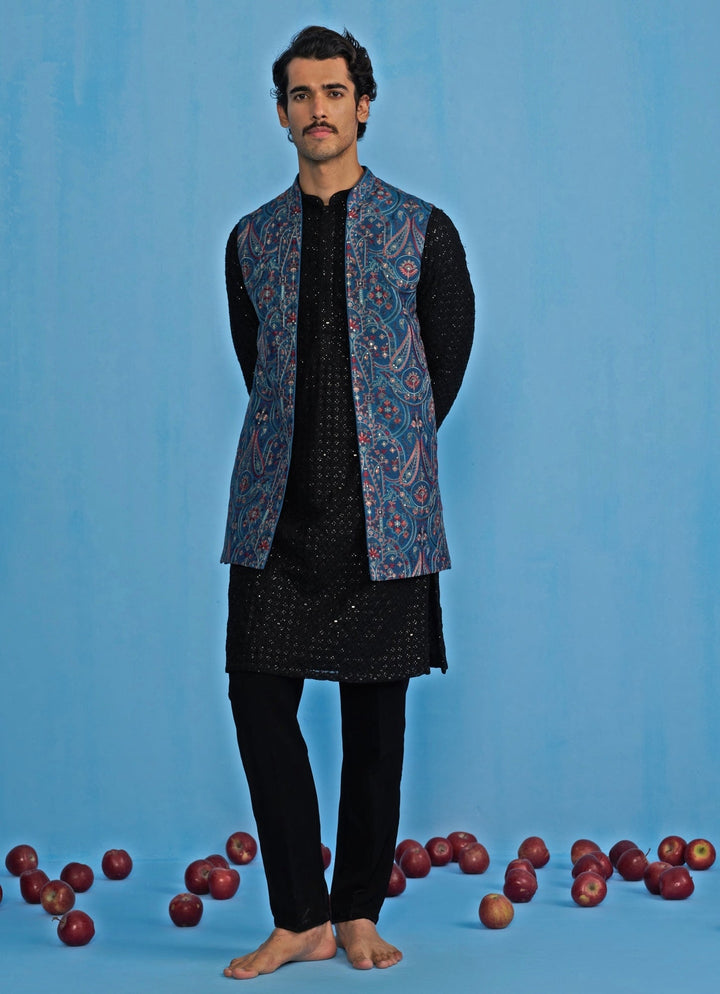 Blue Embroidered Georgette Kurta Jacket Set Kalpraag - Fabilicious Fashion