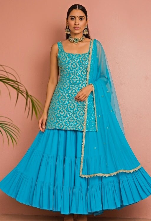 Blue Embroidered Georgette Kurta Sharara Set Anisha Shetty - Fabilicious Fashion