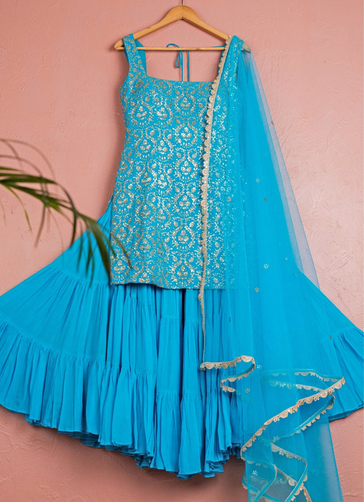 Blue Embroidered Georgette Kurta Sharara Set Anisha Shetty - Fabilicious Fashion