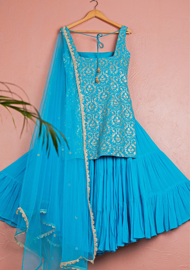 Blue Embroidered Georgette Kurta Sharara Set Anisha Shetty - Fabilicious Fashion