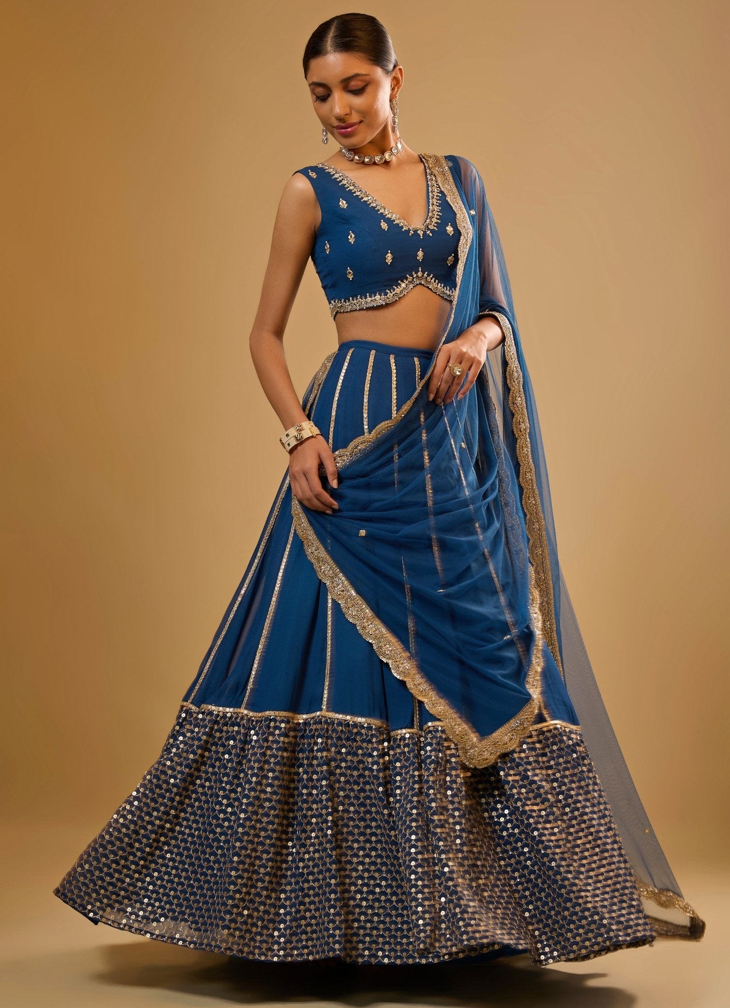 Blue embroidered georgette lehenga by Renee Label for sangeet