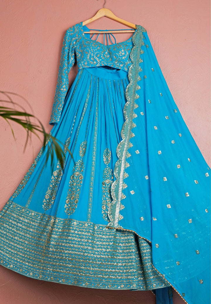 Blue Embroidered Georgette Lehenga Anisha Shetty - Fabilicious Fashion