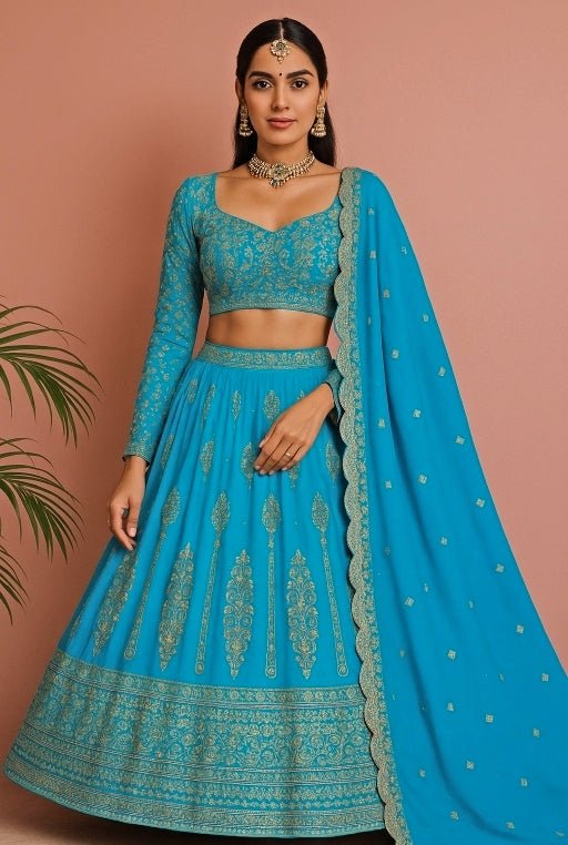 Blue Embroidered Georgette Lehenga Anisha Shetty - Fabilicious Fashion