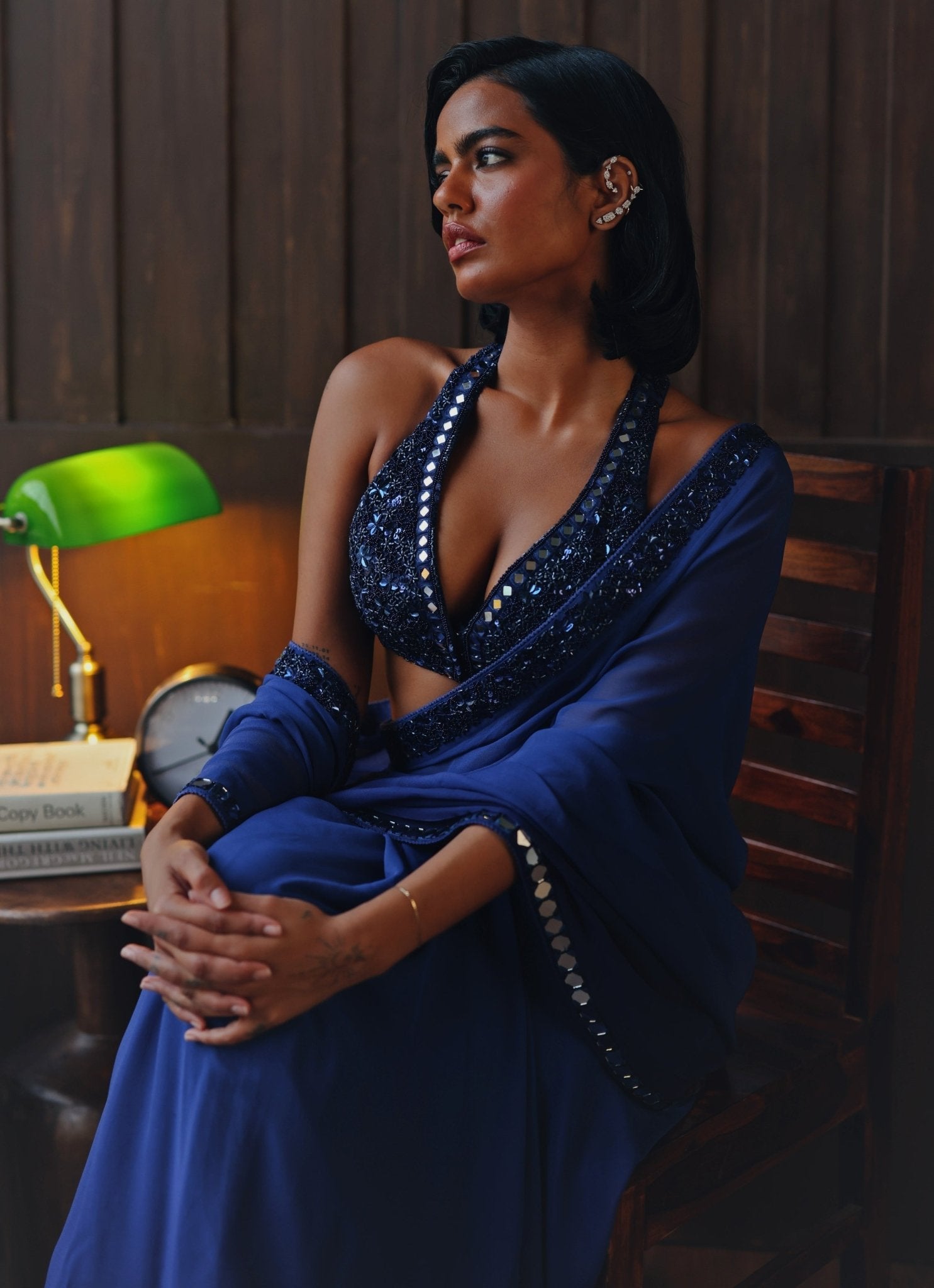 Blue embroidered georgette designer saree for party wear styled for evening wedding reception