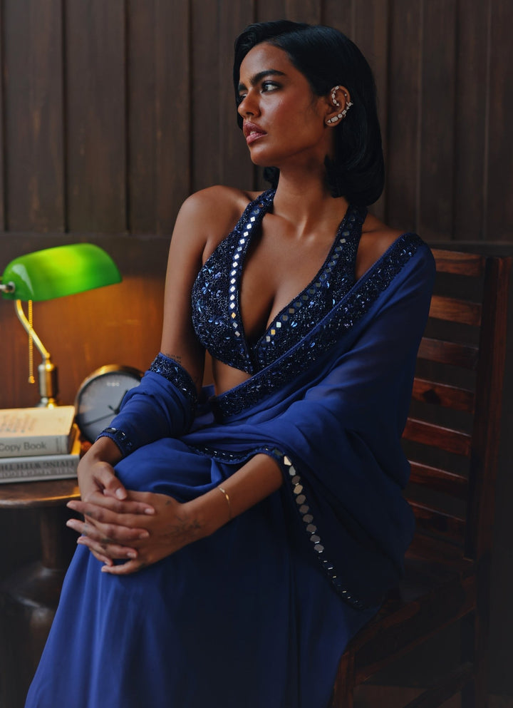 Blue Embroidered Georgette Ombre Saree Twenty Nine - Fabilicious Fashion