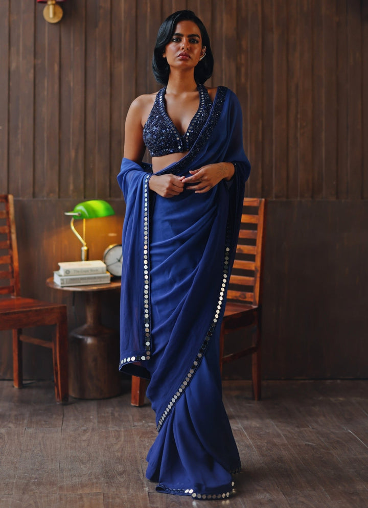 Blue Embroidered Georgette Ombre Saree Twenty Nine - Fabilicious Fashion