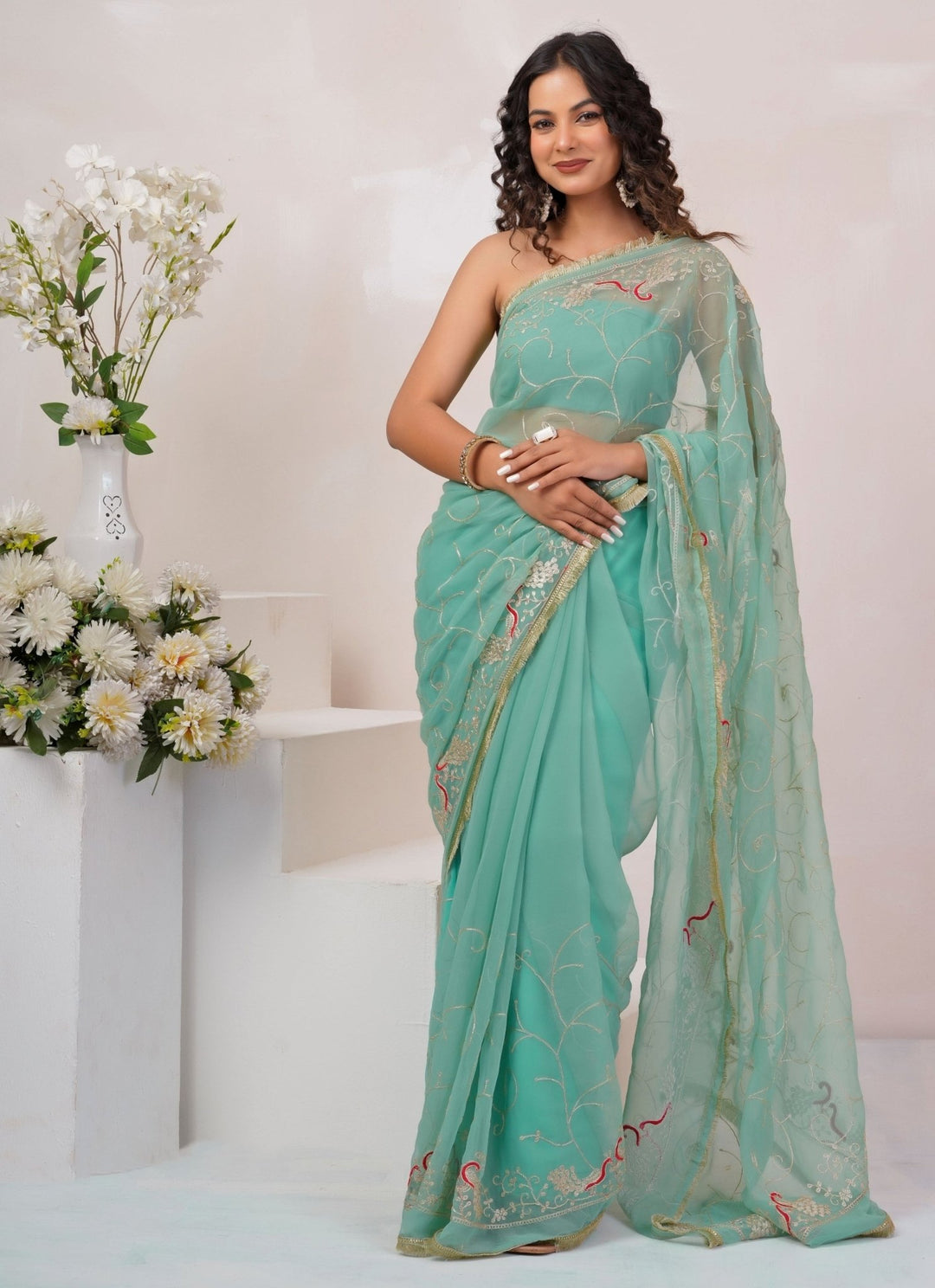 Geroo Jaipur Blue Embroidered Georgette SareeFabilicious Fashion