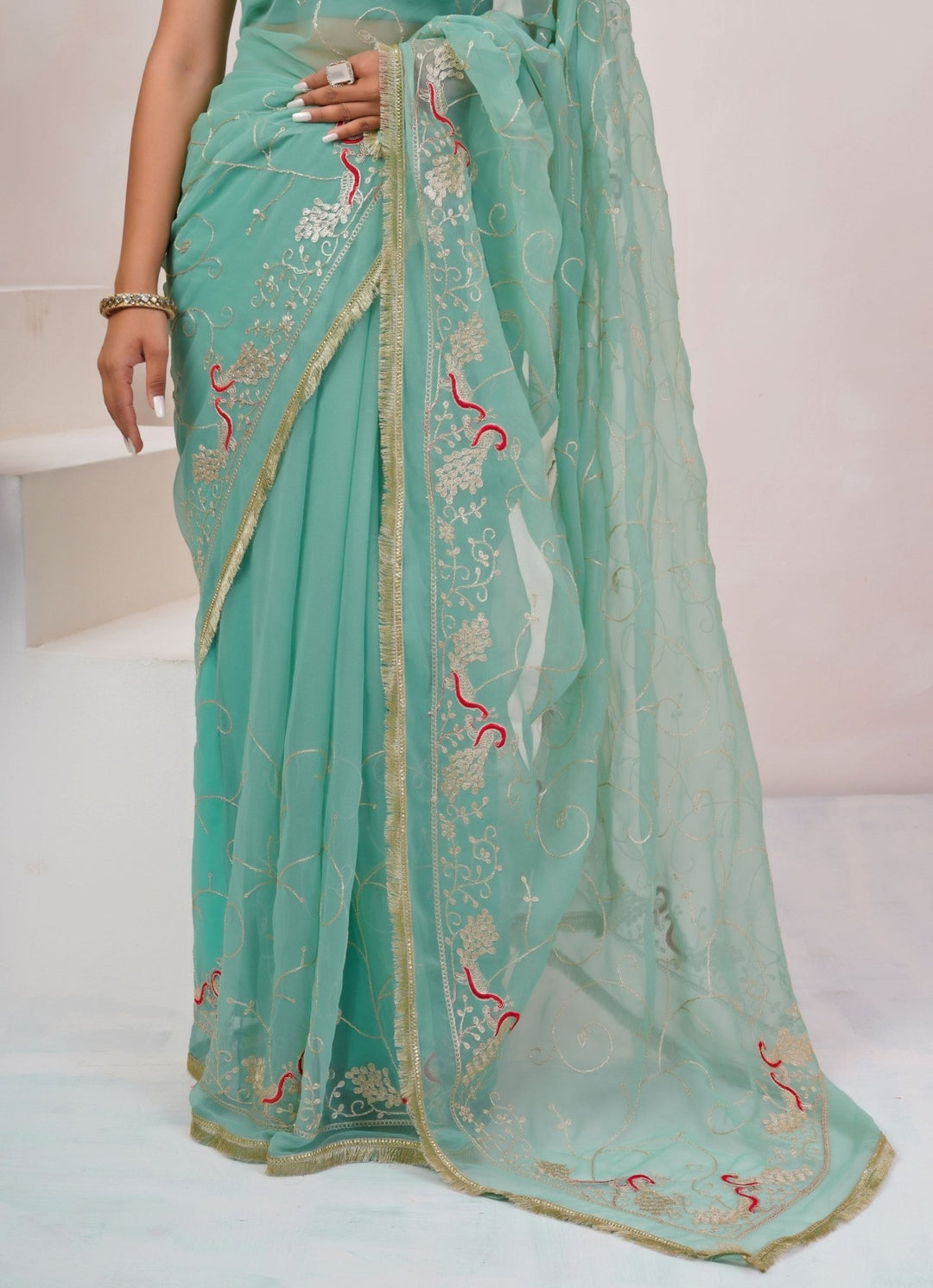 Geroo Jaipur Blue Embroidered Georgette SareeFabilicious Fashion