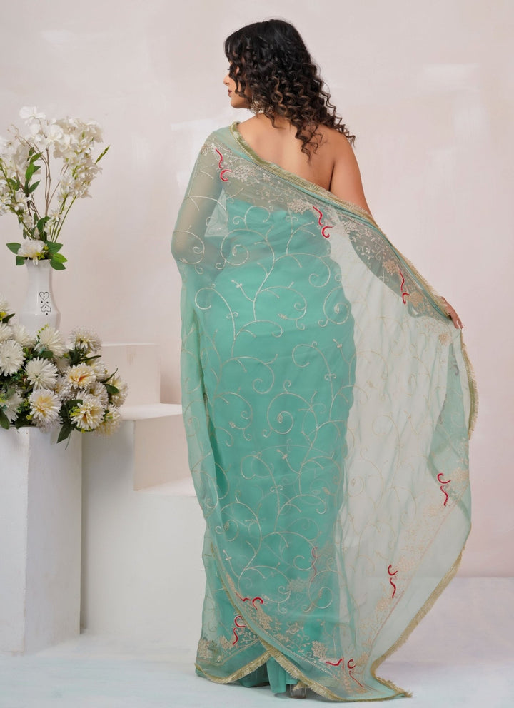 Geroo Jaipur Blue Embroidered Georgette SareeFabilicious Fashion