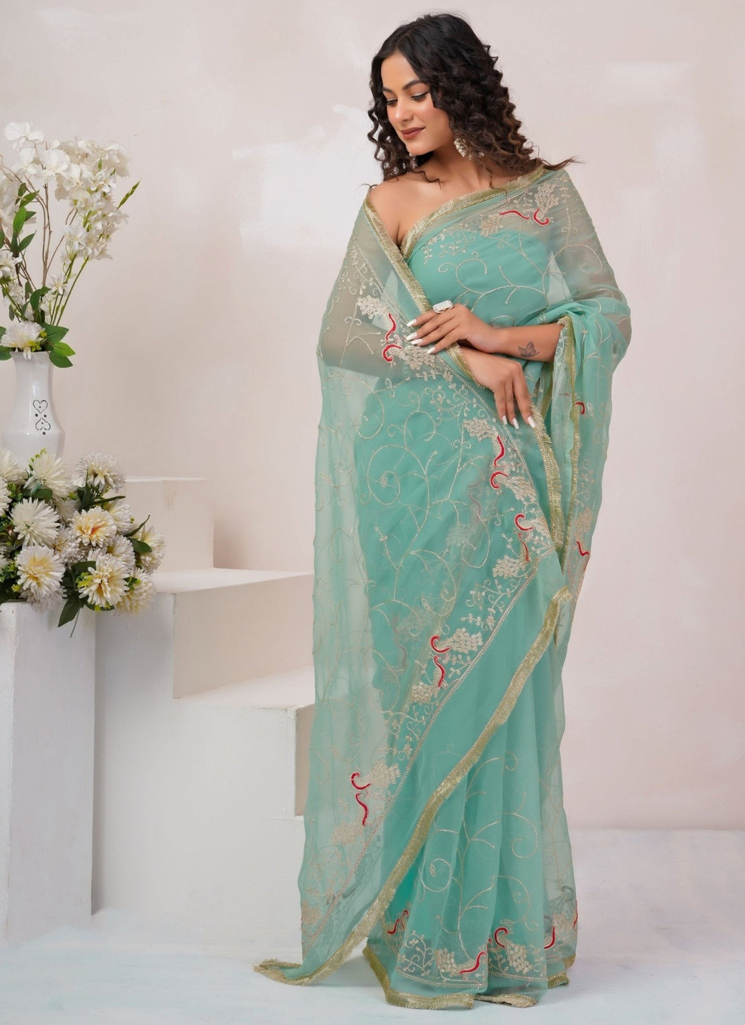 Geroo Jaipur Blue Embroidered Georgette SareeFabilicious Fashion