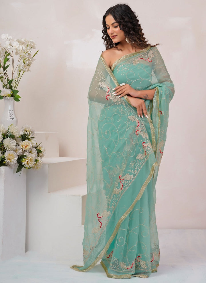 Geroo Jaipur Blue Embroidered Georgette SareeFabilicious Fashion