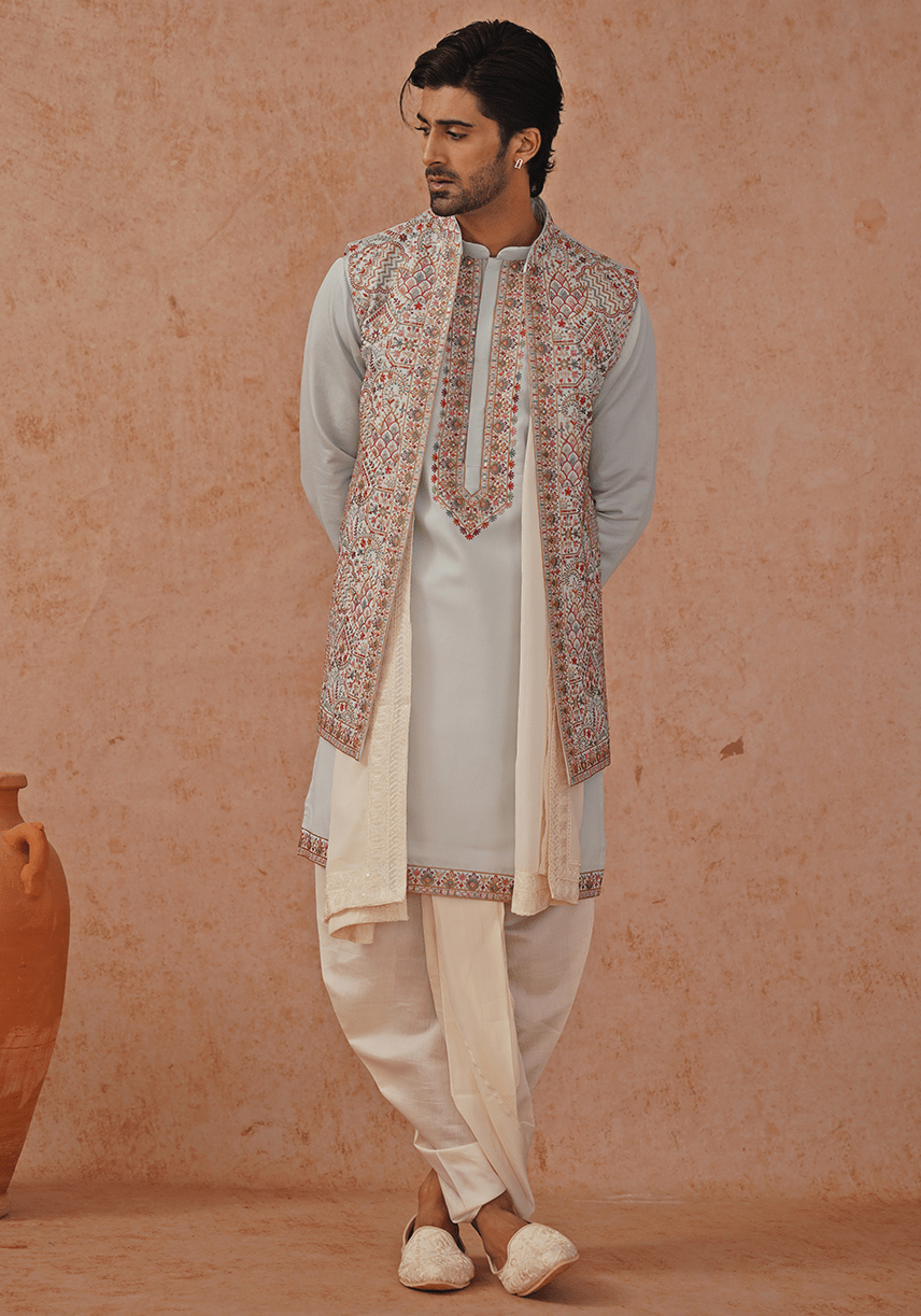 Blue Embroidered Jacket Kurta Set Kalpraag - Fabilicious Fashion