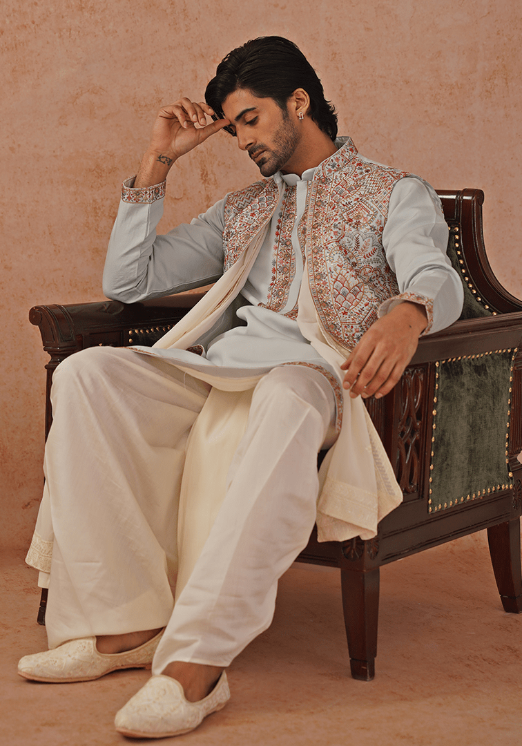 Blue Embroidered Jacket Kurta Set Kalpraag - Fabilicious Fashion